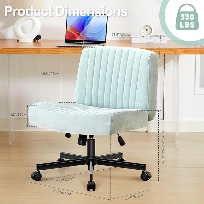 Criss Cross Chair with Wheels,Thick Padded Fabric Cross Legged Office Desk Chair with Pocket Springs Cushion,Dual-Purpose Base,Wide Adjustable Computer Home Office Vanity Chair,Mint Green