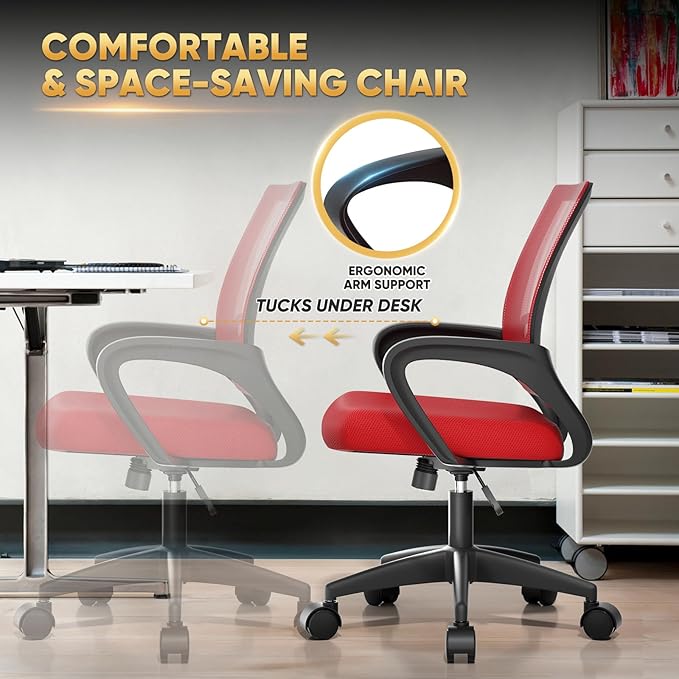 Magshion Ergonomic Office Desk Chair, Mid-Back Mesh Computer Chair, Swivel Chair with Breathable Backrest & Lumbar Support, Adjustable Height for Gaming, Work, Study, 300 Lbs Capacity, Red