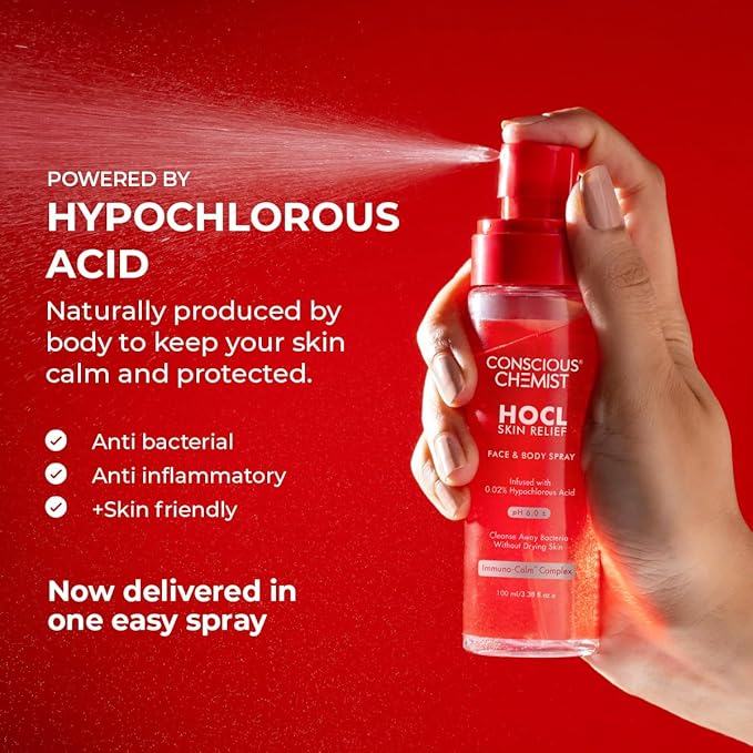 Conscious Chemist HOCL Skin Relief Face & Body Spray Soothing & Repairing Toner Hypochlorous Acid Mist for Quick Relief from Body Odour,Acne, Redness & Irritation Soothes Skin,100 ml (Pack of 1) Clear
