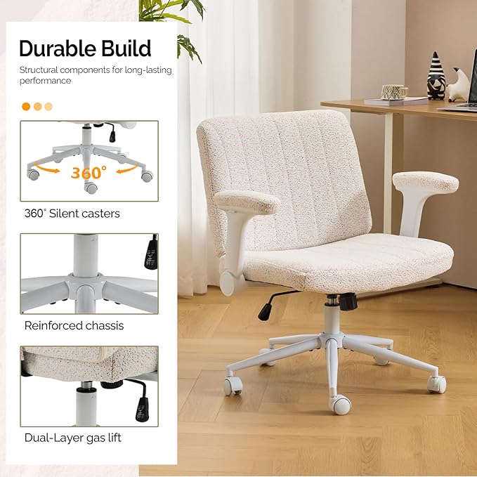 VINGLI Criss Cross Chair with Adjustable Flip-Up Arms,Cross Legged Chair with Wheels,Extra Wide Office Chair,Desk Chair for Home Office,Vanity,Bedroom, Apartment,Starry Chenille,White