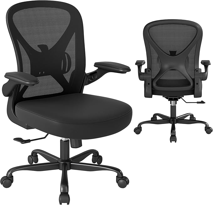 Mesh Office Chair with Adjustable Lumbar Support and Flip-up Arms, Ergonomic Home Office Desk Chair with Wheels, Black