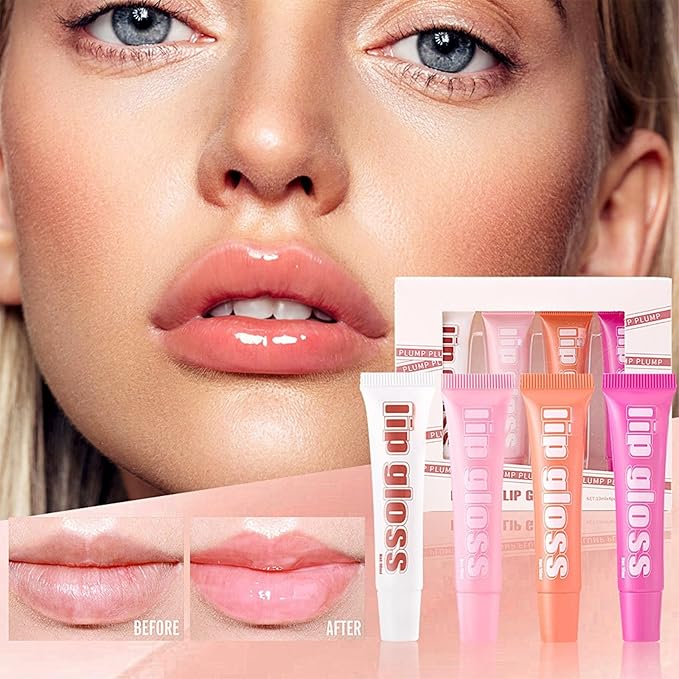 Tinted Lip Balm Set,4 Color Fruity Lip Gloss—Ultra-Nourishing Plump Lipstick Moisturizer for High-Gloss Soft Smooth Supple Lips—Transparent Jelly Lip Gloss Lip Glow Balm for Dry Lips