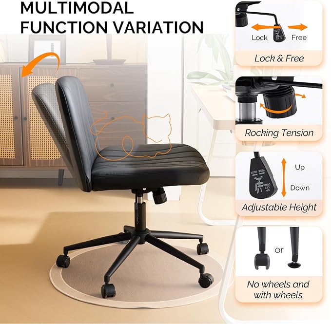 VINGLI Criss Cross Legged Chair,Wide Comfy Office Desk Chair,Dual-Use with/no Wheels Computer Task Chair,Swivel Armless Vanity Rolling Chair for Study,Make Up,Home Office,Cat Scratch PU Leather,Black