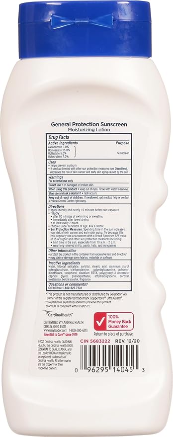 LEADER Sunscreen General Protection Moisturizing Lotion, Broad Spectrum, SPF 50, Water Resistant (80 mins), Reef Friendly Formula, Octinoxate, Oxybenzone & Paraben-Free, Family Friendly, 8 Fl oz