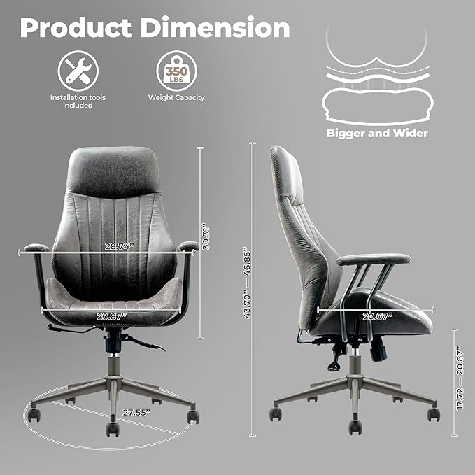 ovios Ergonomic Office Chair, High Back Faux Leather Executive Chairs with Armrests, Comfy Mid-Century Modern Swivel Rolling Computer Armchair (Dark Grey, Suede Leather)