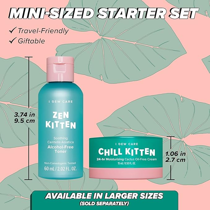 I Dew Care Travel Skincare Set - Kitten Crush | With Centella Asiatica, Prickly Pear, Aloe Vera, Heartleaf Extract, Hydrating, Facial Toner, and Moisturizer for Blemished Skin, Gift, Gift Set, Spa Day