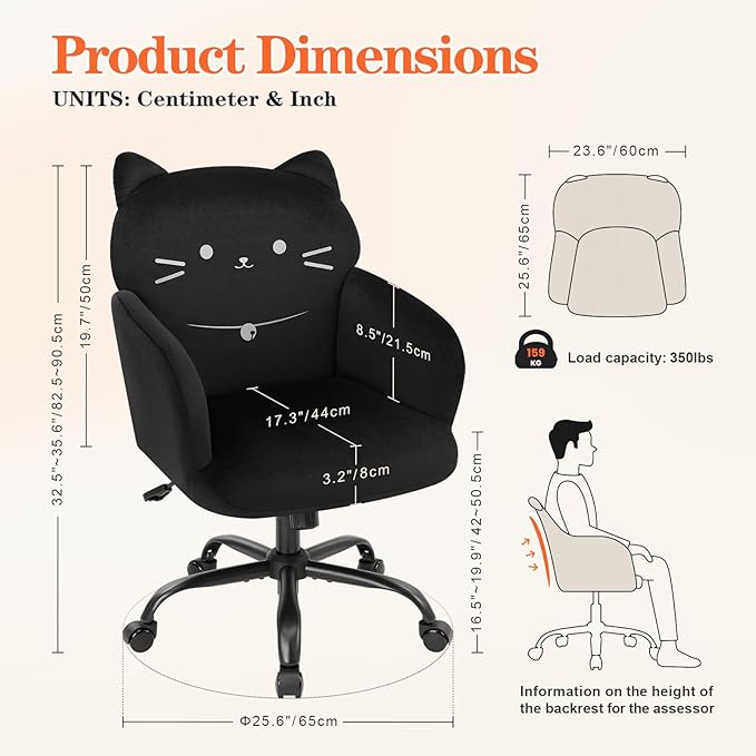 IWMH Home Office Chair Wide Seat Desk Chair Cute Velvet Swivel Vanity Chairs Cat Themed Computer Task Chairs with Wheels Upholstered Modern Accent Armchair for Living Room Bedroom Study Makeup Black