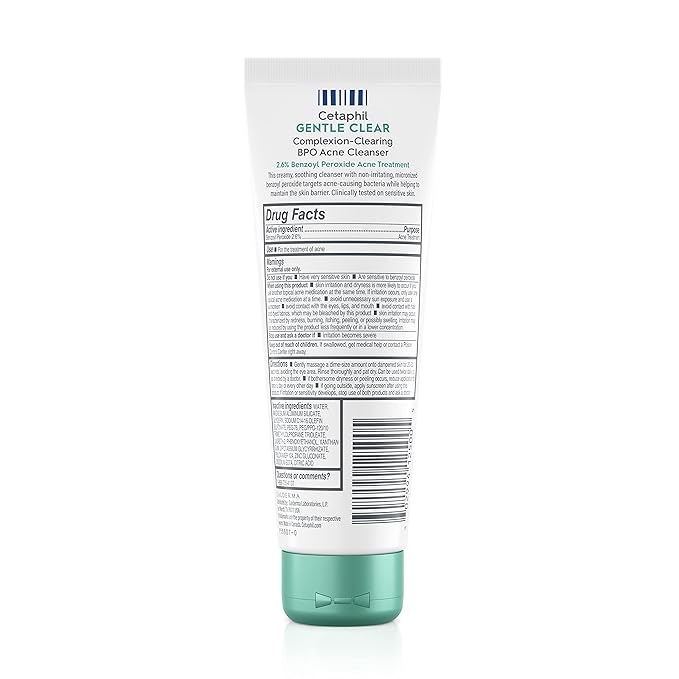 Cetaphil Gentle Clear Complexion-Clearing BPO Acne Cleanser with 2.6% Benzoyl Peroxide, Creamy and Soothing for Sensitive Skin, Suitable for All Skin Types, 4.2oz