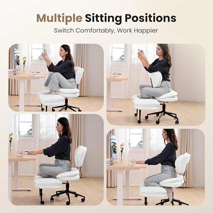 Cross Legged Office Chair, Ergonomic Cloud Criss Cross Desk Chair, Meditation Chair with Wheels, Height Adjustable Seat for ADHD, Wide Kneeling Chair with Back Support, Corduroy Fabric,White