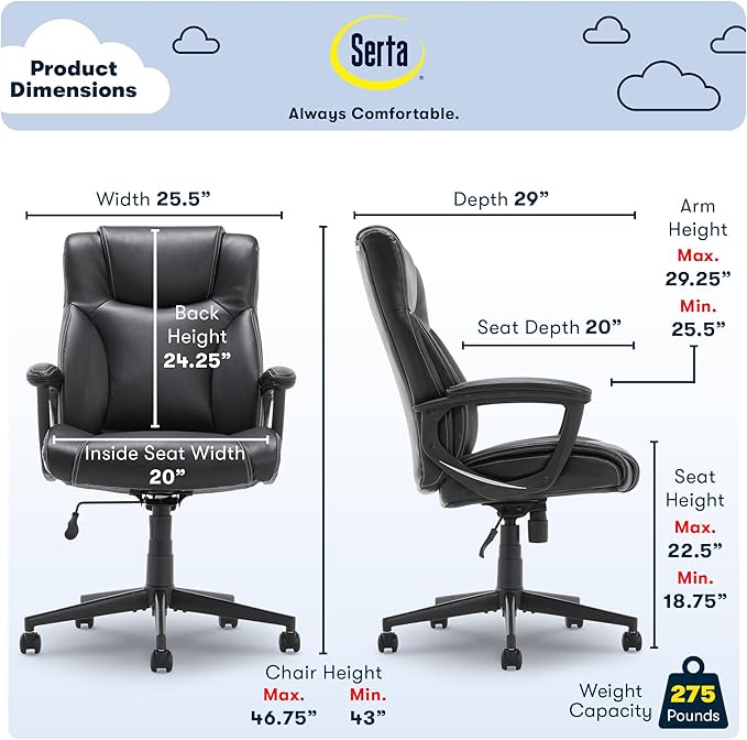 Serta Connor Executive Office Chair, Ergonomic Computer Chair with Layered Body Pillows, Contoured Lumbar, Adjustable Seat Height, Bonded Leather, Black