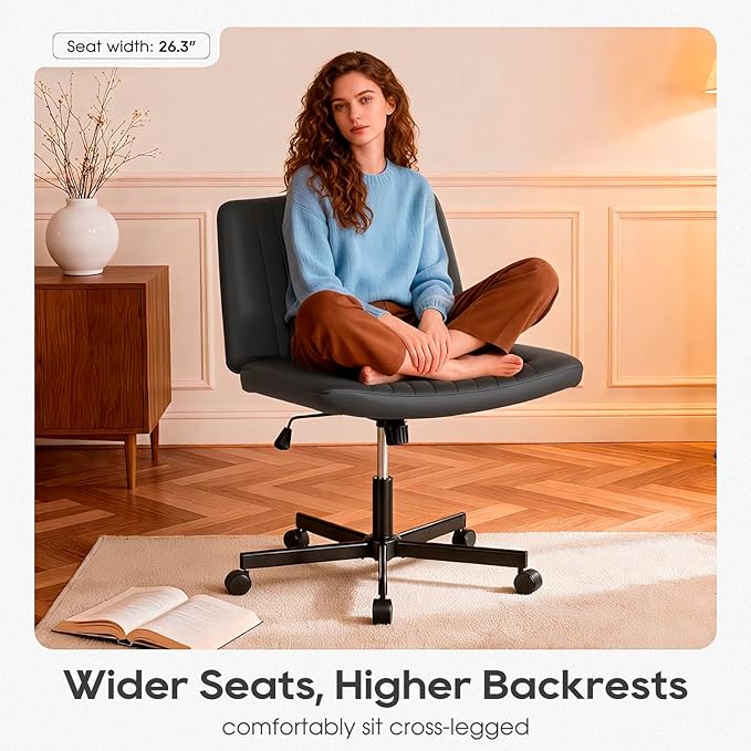 PayLessHere Criss Cross Chair Wide, Armless Office Desk Chair,Backrest Vanity Chair with Wheels 360 Swivel, Height Adjustable for Home Office, Home Office Black