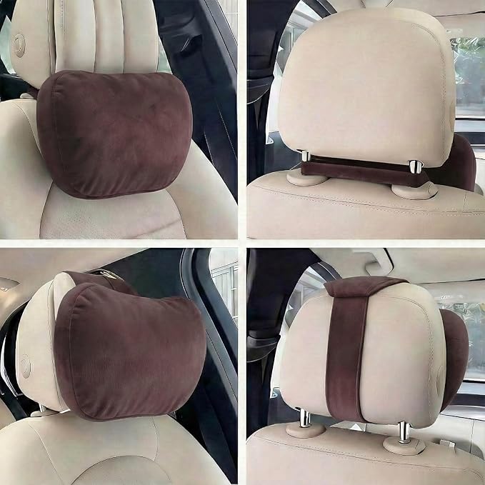 2PCS Car Pillow for Car Neck Pillow for Driving Seat Leather Neck Support Soft Cushion Back Support Head-Rests for Vehicle Sleeping with Elastic Adjustment Strap (Coffee, Head)