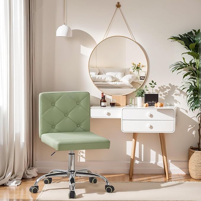 VECELO PU Leather Mid-Back Armless Vanity Chair Adjustable Height 360° Rolling Swivel for Home Office Work