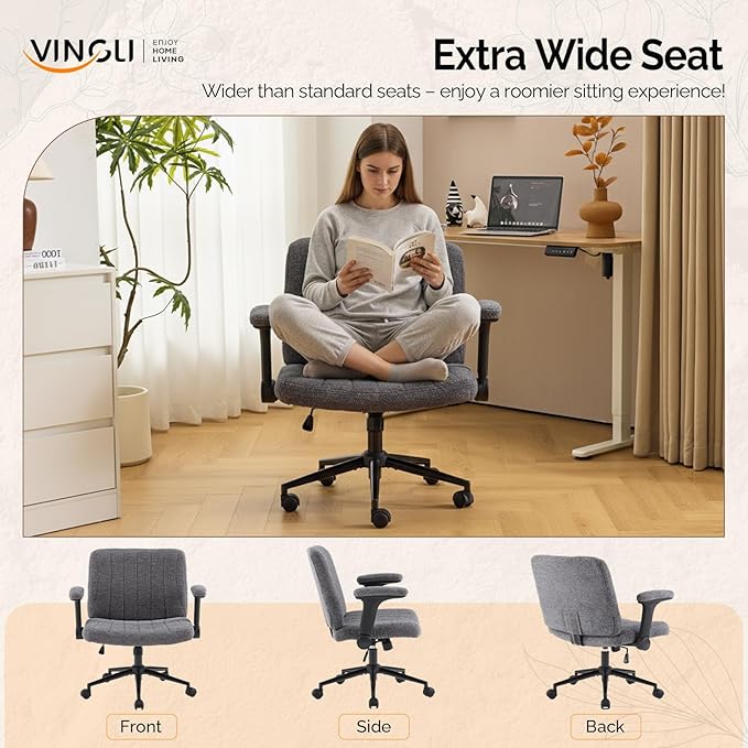VINGLI Criss Cross Chair with Adjustable Flip-Up Arms,Cross Legged Chair with Wheels,Extra Wide Office Chair,Desk Chair for Home Office,Vanity,Bedroom, Apartment,Starry Chenille,Dark Grey