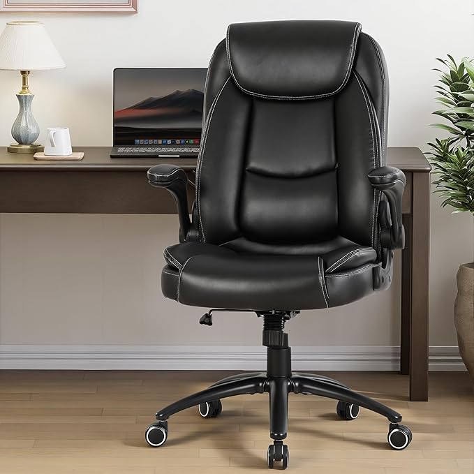 Ergonomic PU Leather Office Chair Set of 2 with Flip-Up Armrests & Reclining Backrest, 300lbs Thick Padded Seat Executive Desk Chair-Adjustable Height & Tilt Tension, Brown, Black