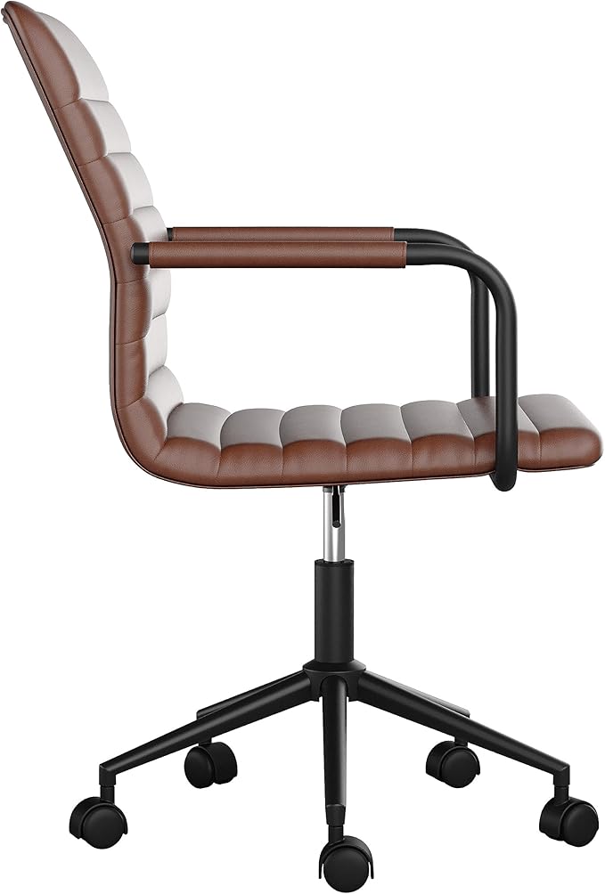 Martha Stewart Taytum Swivel Task Chair with Armrests for Home Office in Saddle Brown Faux Leather with Oil Rubbed Bronze Frame