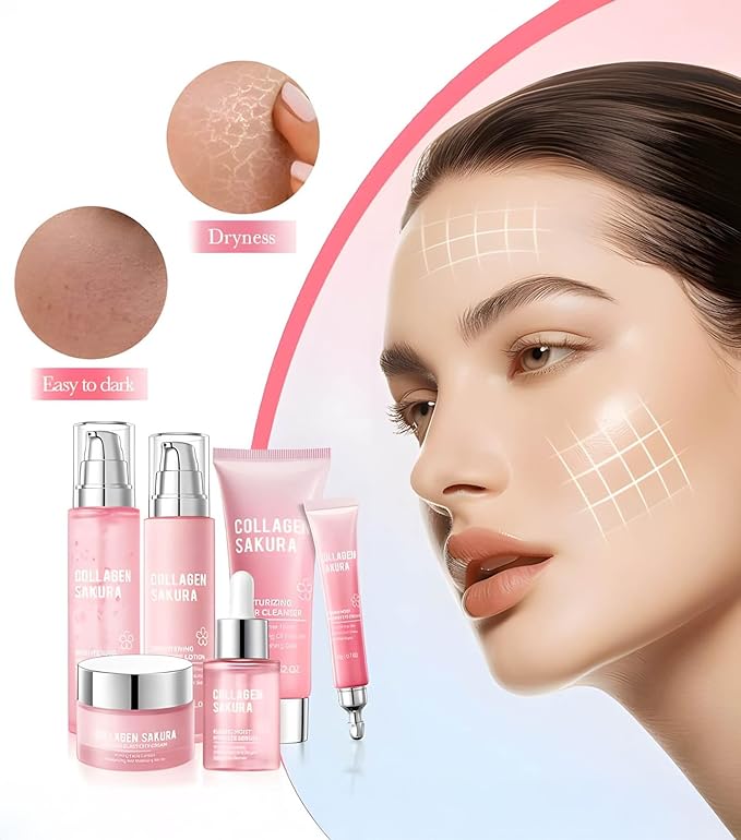 Cherry Blossom Skincare Gift Set with Cleanser, Collagen Sakura Moisturizing Revitalizing Six Piece Set, Toner, Lotion, Serum, Cream & Eye Cream for Teens Girls & Women