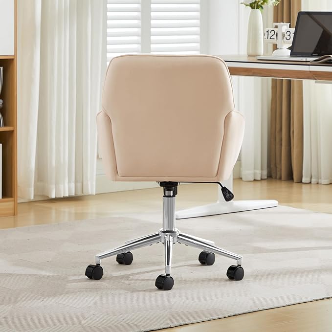 Velvet Home Office Desk Chair, Modern Cute Computer Task Chair with Back, Height Adjustable Upholstered Vanity Chair with Swivel Wheels for Women, Girls (Silver Base, Oatmeal
