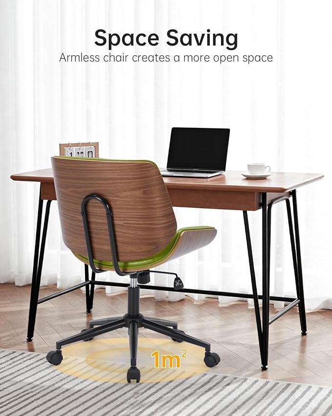 Mid-Century Modern Home Office Chair,Accent Ergonomic Desk Chair with Walnut Finish&PU Leather,Armless Executive Computer Chair with 360° Swivel Rolling Wheels for Vanity, Bedroom&Workspace (Green)