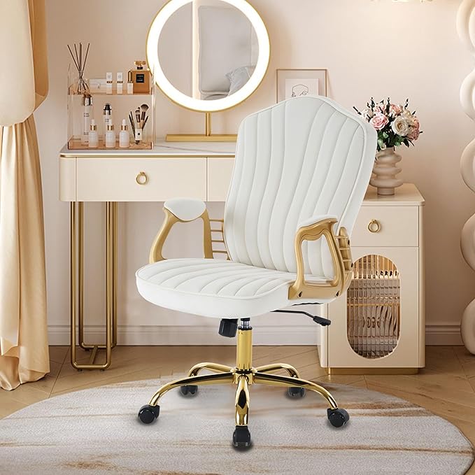 Velvet Home Office Chair with Gold Arms and Legs, Comfortable Upholstered Tufted Swivel Desk Chair Comfy with Wheels for Girls Women Study Bedroom Living Room,Cream
