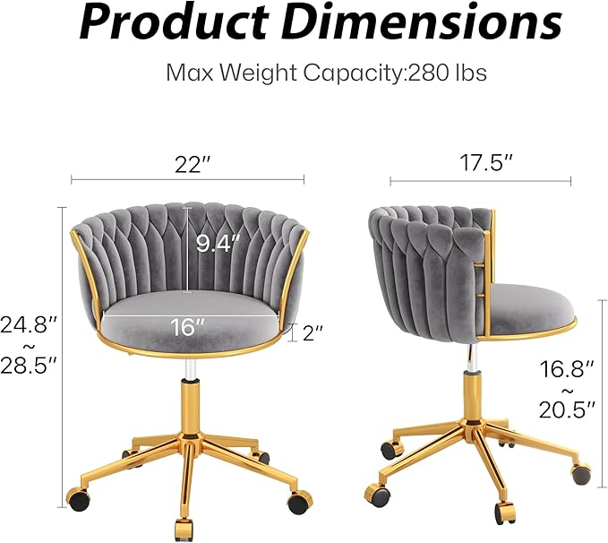 Velvet Woven Home Office Chair, Modern Swivel Desk Chair with Wheels, Height Adjustable Vanity Chair with Gold Metal Base and Hand Weaving Back for Bedroom Study Small Space, Gray