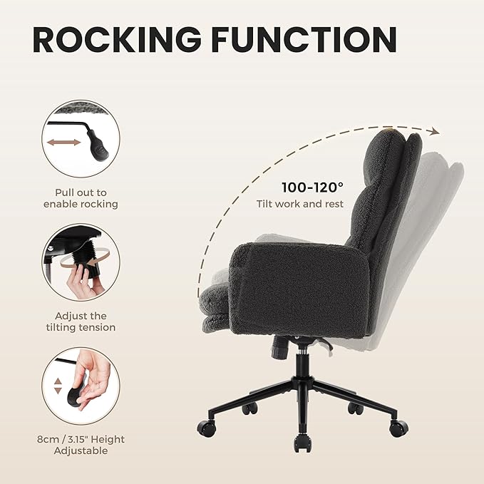 IWMH Swivel Office Desk Chair, High-Back Armchair with Wheels, Height Adjustable Home Office Chair with Armrests,Upholstered Computer Task Chair, Leisure Armchair Cashmere (Dark Grey)