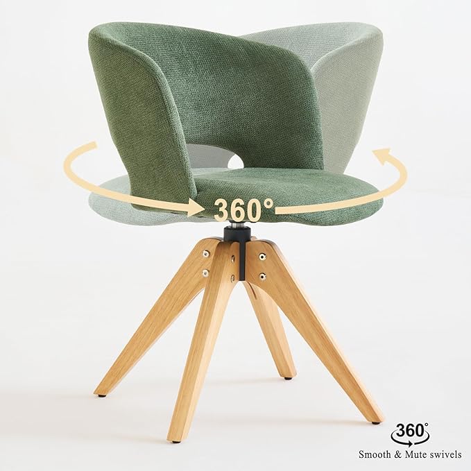 Mid Century Modern Swivel Accent Chair with Solid Wood Legs, Home Office Desk Chair No Wheels, Makeup Chair for Vanity, Upholstered Chair for Bedroom, Green
