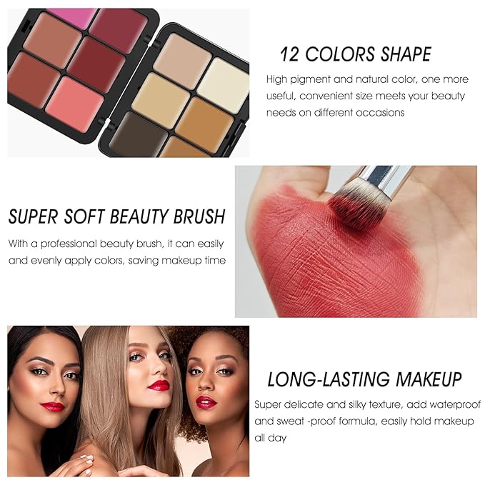 12 Colors Cream [Blush Contour Concealer] Makeup Palette for Cheeks - All in One Makeup Palette Kit with Brush, Natural Matte Long Wearing, Waterproof Blendable Face Make Up Pallete (#02)