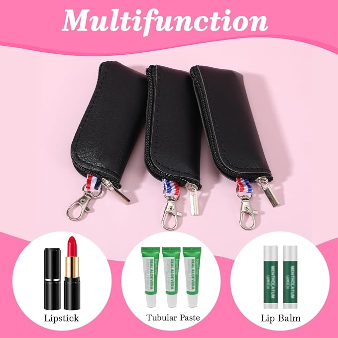 3 PCS Holder Lip Balm Sleeve Pouch with Hook, Portable Lipstick Case for Purse, Lip Gloss Keychain Holder, Mini Pouch Travel Accessories