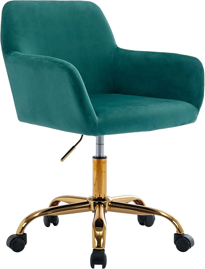 KCC Velvet Office Desk Chair, Comfy Swivel Modern Leisure Armchair with Wheels, Upholstered Comfy Velvet Fabric Makeup Chair Height Adjustable for Teens Women Girls Elegant Home Office, Green