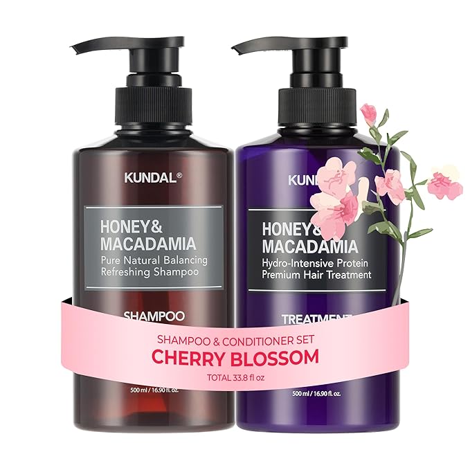 KUNDAL Korean Shampoo and Conditioner Set [Cherry Blossom] Salon-quality, Long Lasting Scent, Moisturizing, Sulfate-Free, Argan & Macadamia Oil, Korean Hair care,16.9 fl oz each