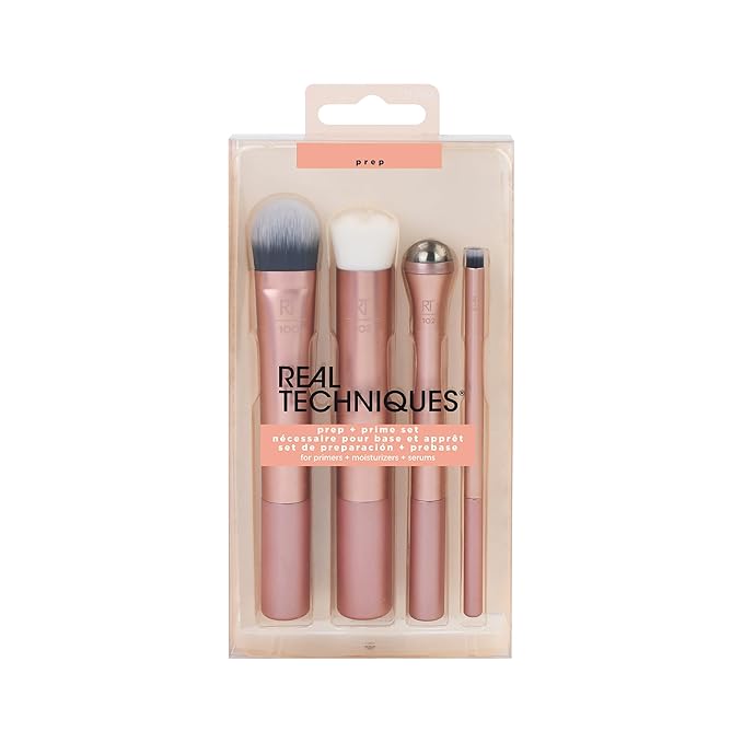 Real Techniques Prep and Prime Makeup Brush Set, Ideal for Exfoliating & Applying Primers, Moisturizers, & Serums, Skincare Tools, Synthetic Bristles, Cruelty-Free & Vegan, 4 Piece Set