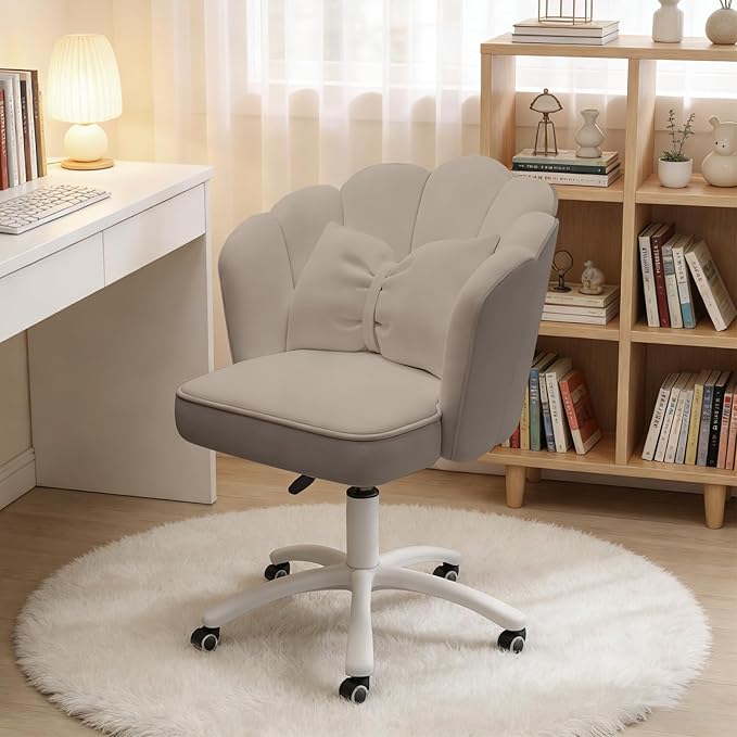 Home Office Desk Chair Swivel Rolling Vanity Chair with Silent Wheels and Comfortable Back, Adjustable Height Upholstered Computer Task Chair for Makeup, Bedroom