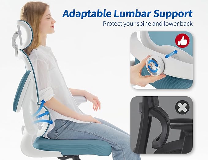 TRALT Ergonomic Office Chair - Desk Chair with Adjustable Headrest Lumbar Support Computer Chair - Mesh Comfy Chair with Flip-up Armrests - Gaming Chairs for Adults Home Office (PU Leather, Blue)