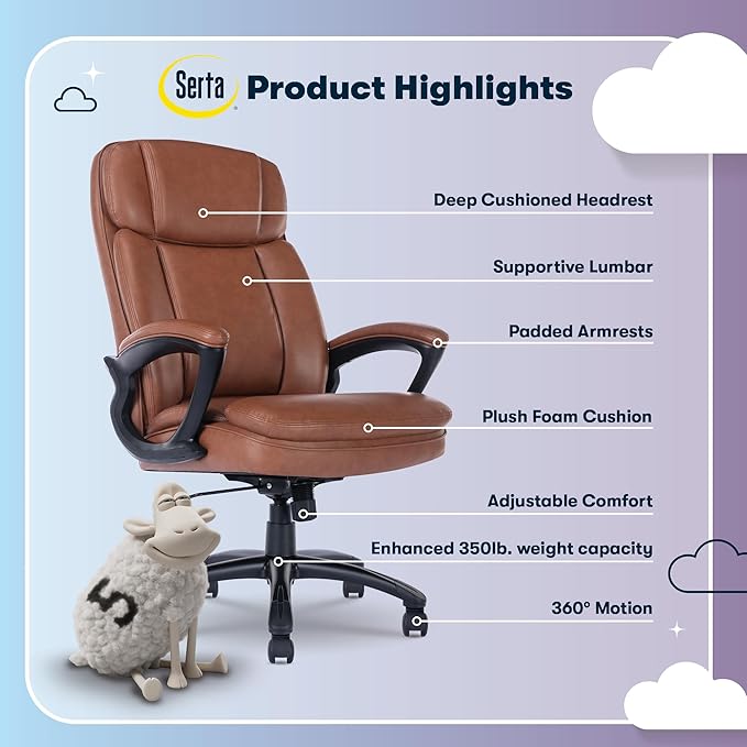 Serta Fairbanks Big & Tall Executive Office Chair, Ergonomic High-Back with Lumbar Support, Semi-Plush Seat Cushion and Body Pillows, Padded Armrests, Nylon Swivel Base, Bonded Leather, Cognac Brown