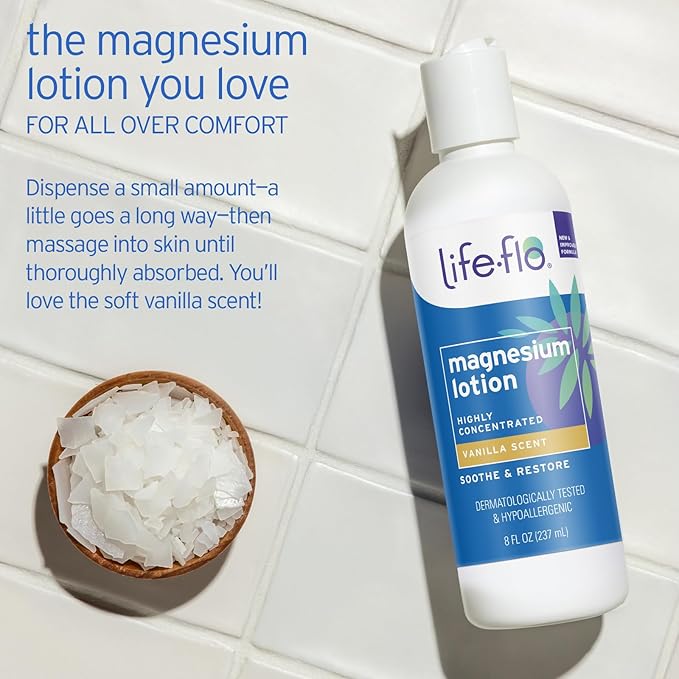 LIFE-FLO Magnesium Lotion - New, Improved Magnesium Chloride from Zechstein Seabed - Soothes Muscles, Joints When Massaged into Skin - Great for Kids, Hypoallergenic, 8oz Pack of 1, Vanilla