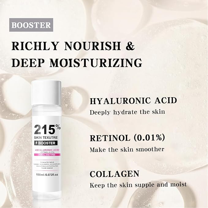 Skin Texture Booster Essence 5.07 fl oz, Hydrating Facial Toner Serum with Hyaluronic Acid, Retinol & Collagen, Lightweight Moisture Booster for Smooth Firm Supple Skin, Korean Skincare