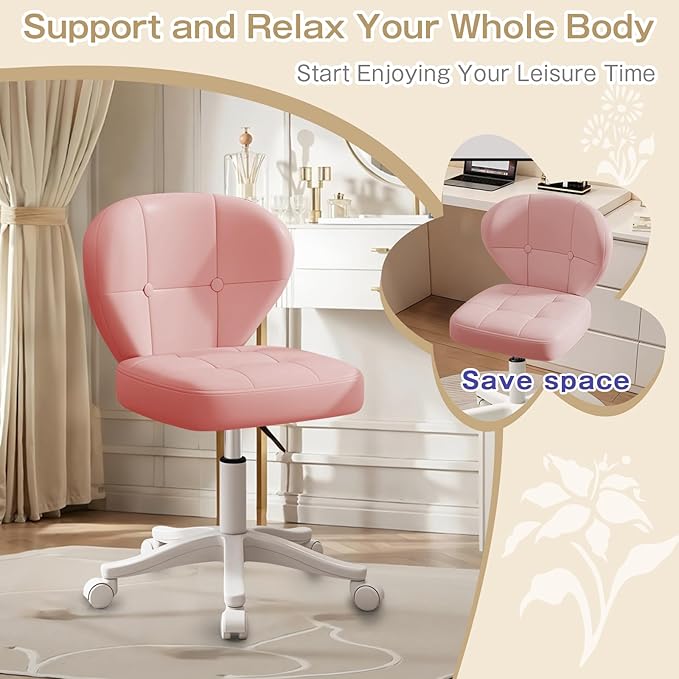 Vanity Chair with Back – Small Armless Office Chair with Wheels, Lumbar Support, PU Leather, Adjustable Height, 360° Swivel for Home, Bedroom, Office Pink Set of 2