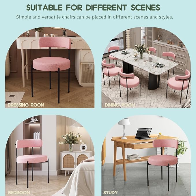 Boucle Dining Chairs Set of 4 Teddy Upholstered Dining Room Chairs Kitchen Chairs with Metal Legs Mid Century Modern Chair for Dining Room, Kitchen (Black Frame+Pink, 4)