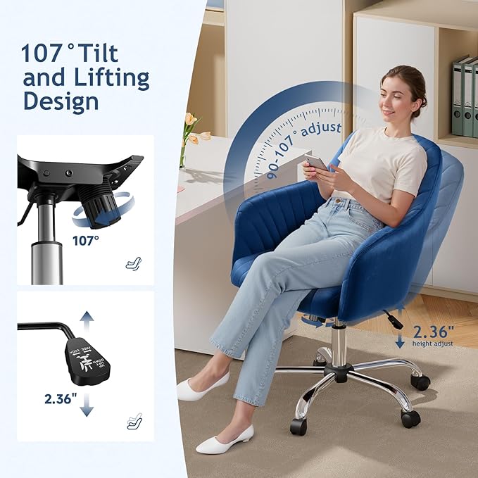 Warmiehomy Desk Chair, Velvet Office Chair for Home Office, Comfy Vanity Chair, Girl Cute Makeup Chair with Arm Rest for Bedroom Dressing Room, Dark Blue