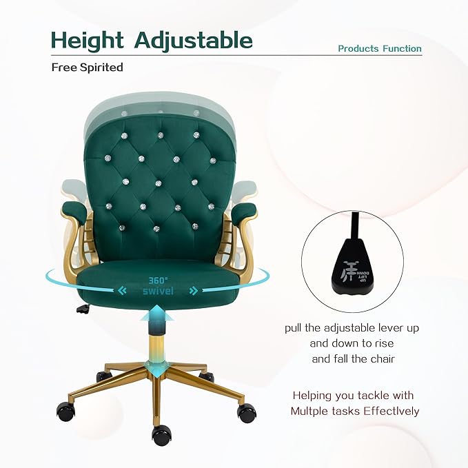 Velvet Office Chair Desk Chair with Gold Base, Comfortable Makeup Vanity Chair with Back and Wheels, Swivel Rolling Chair for Girls Women Study Bedroom, Green