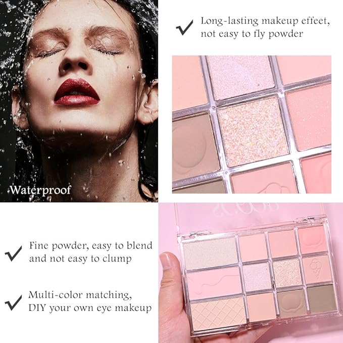 SUAKE Nude Pink Eyeshadow Palette, Matte & Shimmer, High Pigmented 12 Colors Brown Purple Eye Shadow Primers for Eye Makeup, Korean Powder Palet de sombras de ojos (03# Ice Cream)