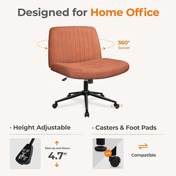 NEO Chair Criss Cross Chair with Wheels Armless Cross Legged Office Desk Wide Comfy Vanity Makeup Chair Adjustable Swivel Rolling Computer for Home Office Fabric (Brown)