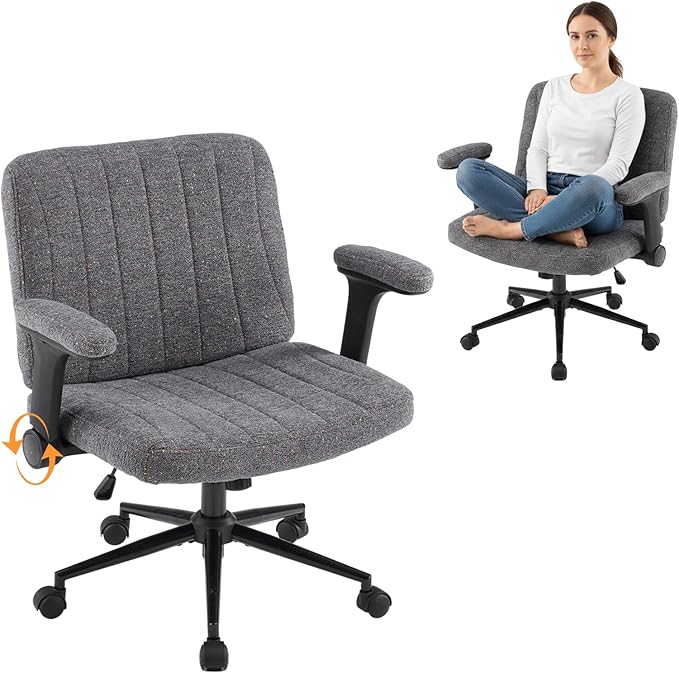 VINGLI Criss Cross Chair with Adjustable Flip-Up Arms,Cross Legged Chair with Wheels,Extra Wide Office Chair,Desk Chair for Home Office,Vanity,Bedroom, Apartment,Starry Chenille,Dark Grey