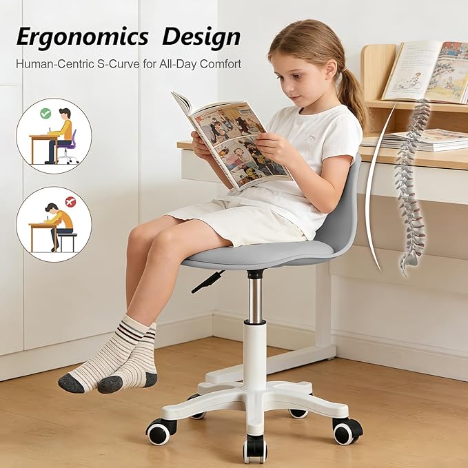 Small Desk Chair Cute Armless Task Vanity Chair with Soft Padded Cushion, Plastic Height Adjustable Home Office Chairs for Teens Girls