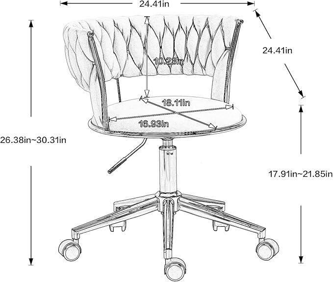 NIOIIKIT Velvet Office Desk Chair with Hand Woven Backrest, 360° Swivel & Height Adjustable Task Chairs, Makeup Chair, Computer Chair with Stainless Base and 5 Wheels (Rose Red)