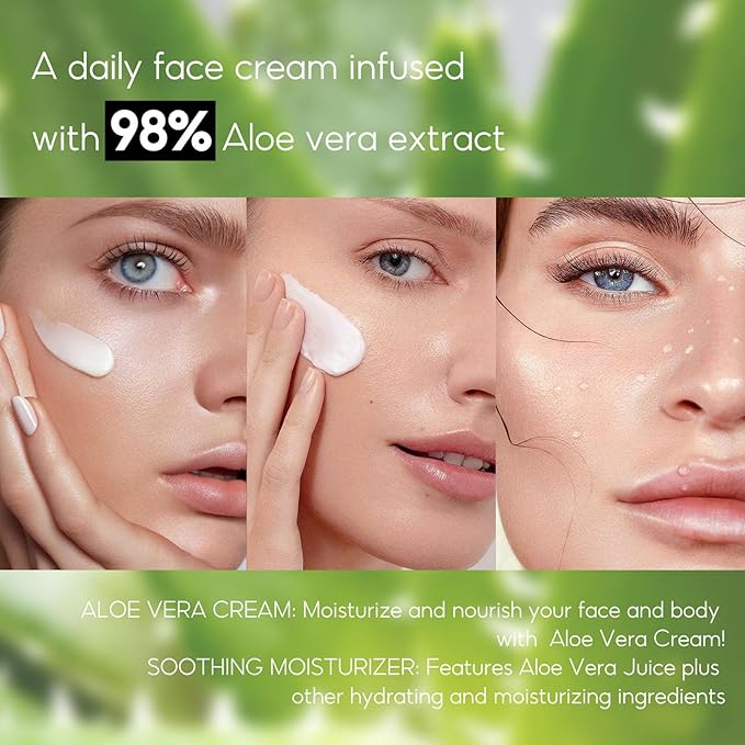 Aloe Vera Face Cream Moisturizer, Moisturizing Cream with 98% Organic Natural Aloe Vera, Long Lasting Deep Moisturize, Soothing & Nourish Dry Skin, Lightweight & Non-Greasy Formula