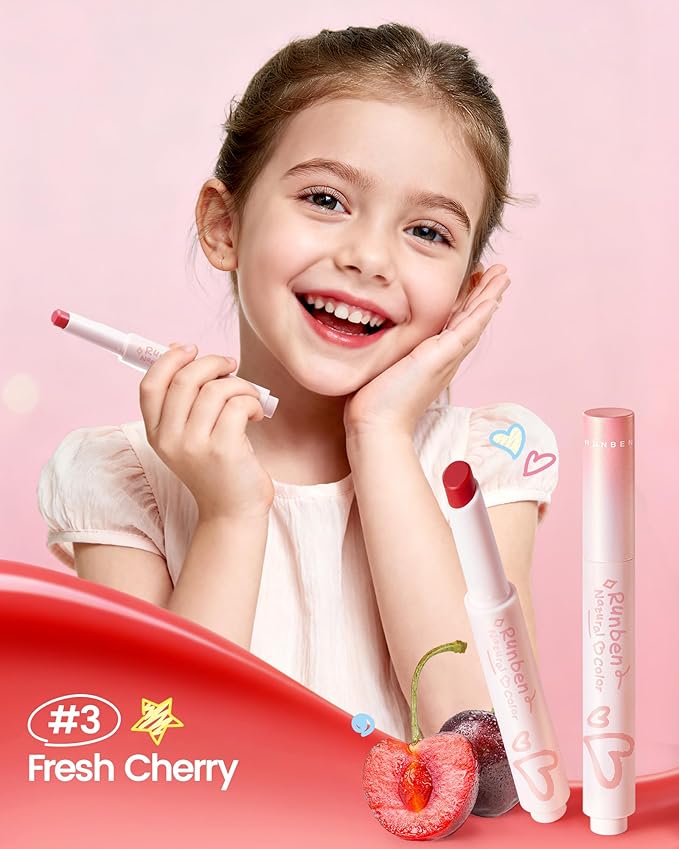 RUNBEN Kids Tinted Lip Balm, Fresh Cherry Lips Gloss, 24H Moisturizing, Safe & Non-toxic Lipstick for Kids & Teen, Birthday Makeup Gift for Girls, 2g