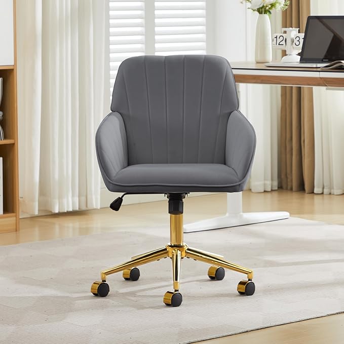 YITAI Velvet Office Desk Chair with Wheels and Gold Base,Modern Height Adjustable 360 Degree Swivel Upholstered Vanity Chairs with Arms for Living Room Bedroom, Study,Gray