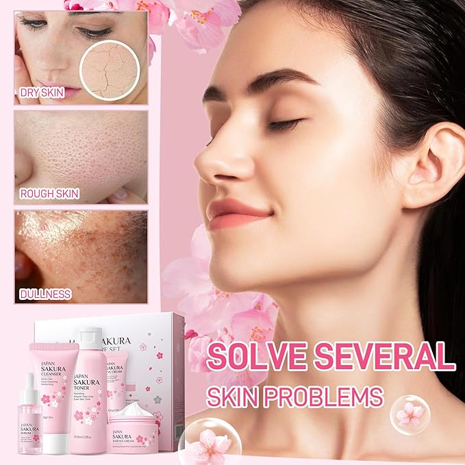 Sakura Skincare Set, Cherry Blossom Skin Care Sets & Kits, Skin Care for Girls 10-12, Including Cleanser, Toner, Serum, Eye Cream, Facial Cream, Travel Size Skincare Set for Women Girls